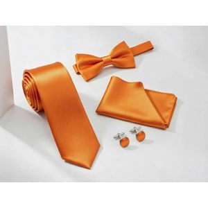 Men's 4-Piece Orange Satin Formal Accessory Set – Necktie, Pre-Tied Bow Tie, Pocket Square & Cufflinks
