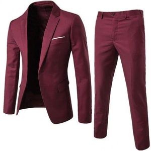 Gukbis Men's 2-Piece Slim-Fit Formal Suit (Jacket & Trousers) – Wine Red