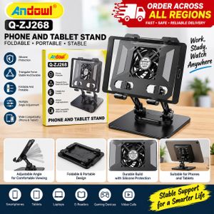 Foldable Phone & Tablet Stand with Cooling Fan – Adjustable Portable Stand – Black