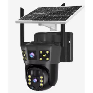 Classic solar-powered outdoor PTZ (Pan-Tilt-Zoom) security camera with integrated floodlights.