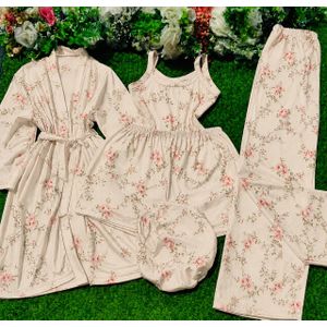 New Feeling Elegant Floral Ladies Pajama & Robe Set – 5-in-1