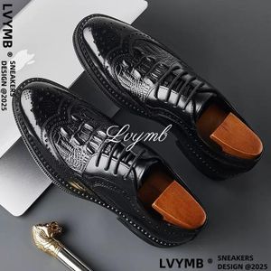 LVYMB Swiss Official Crocodile Leather Men's Leather Formal Shoes 2025 New Model Company Lace Up Formal Shoes Wear-resistant Rubber Sole - Black