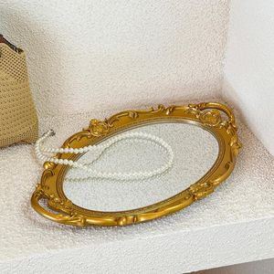 NIKIHONG 1pc Vintage Mirror Tray for Necklace, Earrings, Rings, Watches - Durable Plastic Jewelry Dish - Perfect for Vanity, Dressing Table, Bathroom, Bedroom, Oval Jewelry Tray - Gold