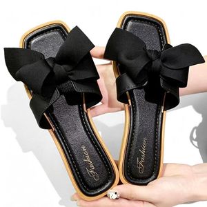 SHJO Slippers Women Party Synthetic Bowknot Lightweight Comfortable Summer Slide Sandals Shoes - Black