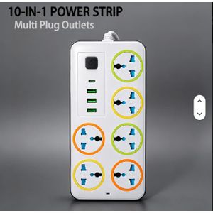 Powerful Power Cord Extension Socket Board 6 AC outlets with 3USB and 1 Type-c Power Strip for Home and Office