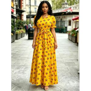 Summer print dress round neck short sleeved A-line dress-Yellow