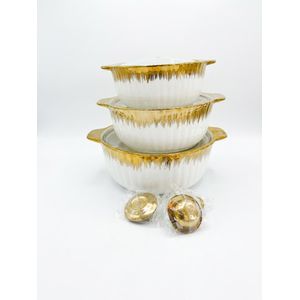 3-Piece Luxury Gold Rim Ceramic Casserole Set – Insulated Serving Bowls with Lids & Gold Knobs