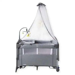 Kidilo Foldable Baby Playpen Travel Crib + Toy Mobile & Canopy Mosquito Net - Grey
