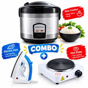 Italian Home 5L Electric Rice Cooker 900W – Black + Free Steam Iron & Single Hot Plate