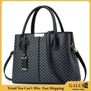 GALUIN Black Lattice Monogram Tote Bag, Leather Tag Adjustable Strap Business Women Crossbody Purse
