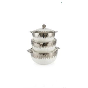 3-Piece Ceramic Casserole & Serving Bowl Set with Metallic Silver Finish and Lids – Heat-Resistant Food Warmer Dish Set