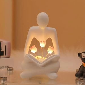 1pc Tulip Night Light, Reading Woman Figurine with Glowing Tulips, Battery Operated Resin Thinker Sculpture Lamp