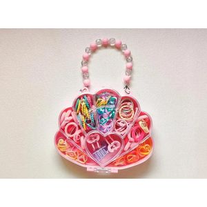 Shell-Shaped Kids' Hair Accessory Organizer Set – Pink Heart Purse Case with Elastic Bands & Clips