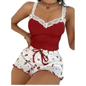 2-Piece Women’s Ribbed Nightwear Set in Mint-Red/White