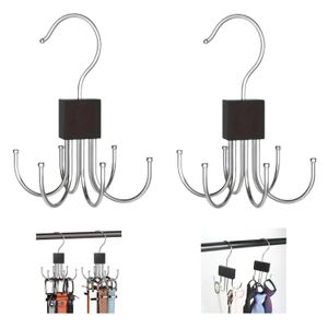 ShebSheb 2PCS Belt Organizer for Closet, 360° Rotating Metal Belt Hanger with 6 Hooks, Space‑Saving Wooden Rack for Belts, Ties, Scarves, Tank Tops, Bags