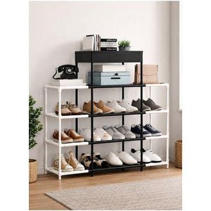 5-Layer Triple-Column Shoe Rack - Extra-Wide Space-Saving Organizer with Central Utility Shelf (L83 x W21.5 x H86)cm / (L32.7 x W8.5 x H34)inch - Black & White