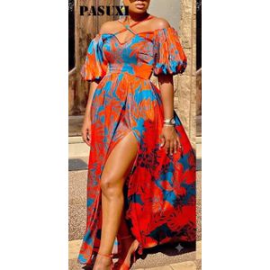African Print Off-Shoulder Puff Sleeve High-Slit Maxi Dress
