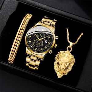 Men's 3-in-1 Gold Watch & Jewelry Set Hip Hop Lion Head Necklace Bracelet Combo