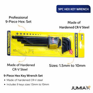 Hand Tools 9-Piece Hex Key Wrench Set (Allen Keys) – CR-V Steel, 1.5mm–10mm, Professional Tools
