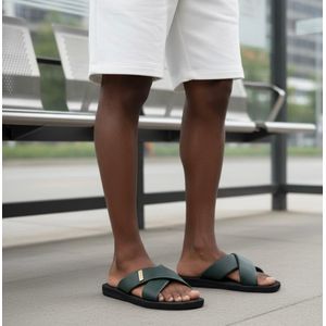 Nokoko Men’s African Wear Classic Leather Sandals – Occasion Slip-On cross Slippers (Green)