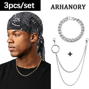 ARHANORY Men Headwrap + Bracelet + Belt Chain Set Durag Cuban Bracelet Pants Chain