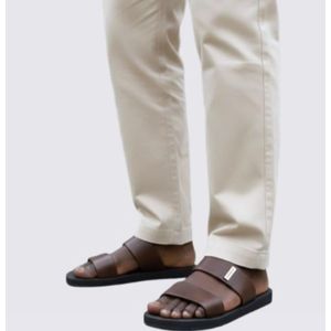 Nokoko Flexible Men's Luxury Strap double slide Slippers – Fashionable Non-Slip Leather Slide Sandals For Casual Indoor & Outdoor Wear (Brown))