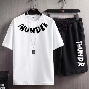 Dou-color Men's 2-in-1 T-shirt and shorts set with niche floral print T-shirt-white