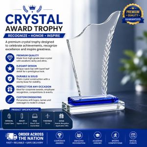 Trovec Crystal Award Trophy – Wave Design with Laurel Detail – Blue & Clear