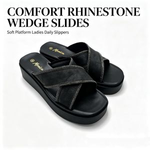 Monica Women Platforms Shoes Soft Sandals Heels Slippers Ladies Casual Wedges Shoes Rhinestone-Black
