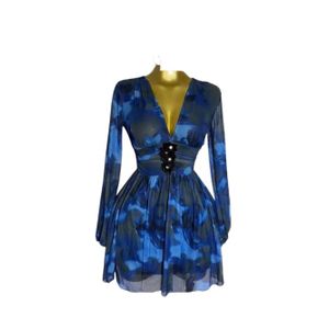 Fashion Sexy Ladies Deep V-Neck Mini Dress - Blue