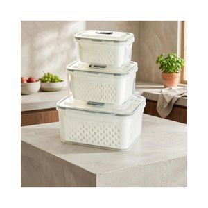 ShebSheb 3Pack Fridge Food Storage Container Set with Lids with Strainer, Fruit Vegetable Storage Containers Keep Fruits, Vegetables, Berry, Meat Fresh longer, BPA-Free Plastic Produce Keepers