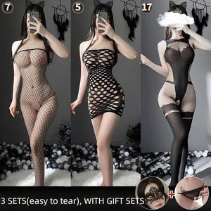 Blacka 3 Set Women Dress Fishnet Bodystockings Sexy Mesh Stockings Lady's Open Jumpsuit Lingerie