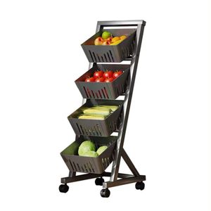 4-Tier Slanted Vegetable & Fruit Storage Rack with Wheels - Mobile Kitchen Produce Trolley Stand (Grey / Charcoal)   