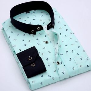 Fashion Clasic Premium Men’s Anchor Print Long-Sleeve Shirt with Matching Tie & Cufflinks- Blue