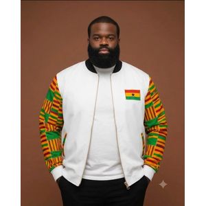 Men’s Ghana Kente Print Bomber Jacket-White
