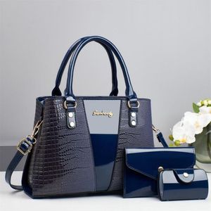 OVAWA 3PCS Women's Handbags Crocodile Pattern PU Leather Shoulder Bag with Clutch & Wallet Blue