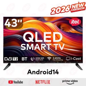 Itel itel TV 43 inch, QLED, Smart TV, FHD, Frameless, Bluetooth, Android14, Wifi, Digital, Netflix, YouTube, Prime, 43" TV, television (1 year warranty, limited time promote)