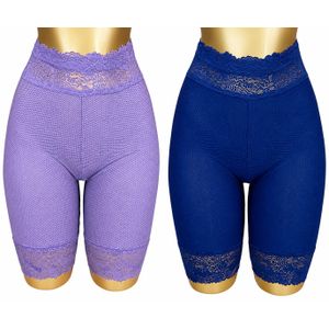 2 Pcs Women's Floral Lace High-Waist Mesh Safety Shorts - Breathable Anti-Chafing - Blue and Purple