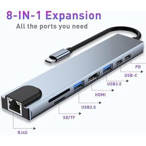 8-in-1 USB-C to HDTV (4K HDMI) + SD/TF + USB 3.0 + USB-C + PD + LAN Multiport Adapter Hub ( 5 PCS )