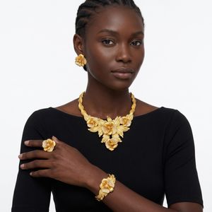 Gold Plated Jewelry Set for Women African Bridal Necklace Earrings Rings Bracelet - Gold 