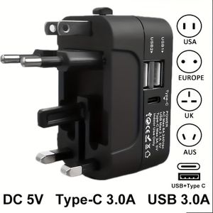 New universal travel adapter with USB port, USB Type-C, for worldwide travel AC power - Black