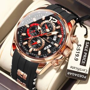 POEDAGAR Quality Top Luxury Sport Quartz Watch Chronograph Waterproof Stainless Steel  Watch Waterproof Silicone Wristwatch - Black/RoseGold