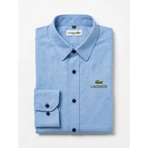 Men's Long-Sleeve Cotton Button-Down Shirt – Solid Smart-Casual Casual Shirt with Embroidered Logo – Blue