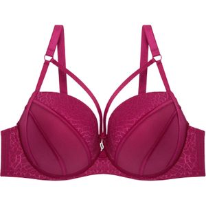 Binnys Elegant Ruby Red & Structural Hollow-out Fixed Cup Underwire Bra with Rhinestone Pendant Women's Breathable Mesh Wing Support Bra with Chest Straps Wedding Guests Bra 