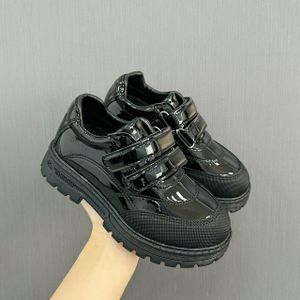 Haki Boys Patent Leather School Shoes – Double Strap Hook & Loop Formal Shoes – Black