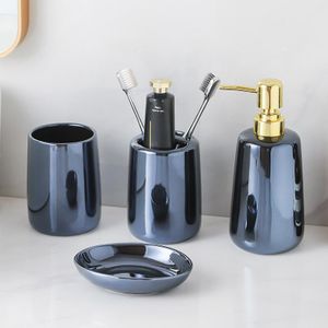 NIKIHONG 4 Piece Ceramic Bathroom Accessory Set Soap Dispenser, Soap Dish, Toothbrush Holder & Cup Modern Sink Home Decor(Blue)