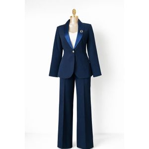 No Label Women’s Navy Blue Tuxedo Suit Set ,She by AS , Satin Lapel Blazer & Wide Leg Trouser , Ladies Office Wear Ghana 