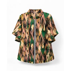Ladies Leaf Print Ruffled Sleeve Shirt