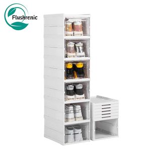 Flushrenic Shoe Storage Box, No-Assembly 6 Tiers Foldable Shoe Organizer with Clear Door, Space-saving Shoe Rack,Sturdy Clear Plastic Stackable Sneaker Container