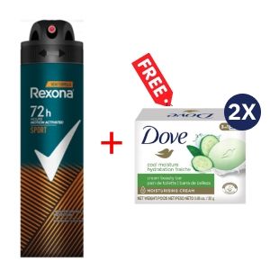 Rexona SPRAY 200ML 72HRS SPORTS MEN + Free Dove Bar Soap 25g